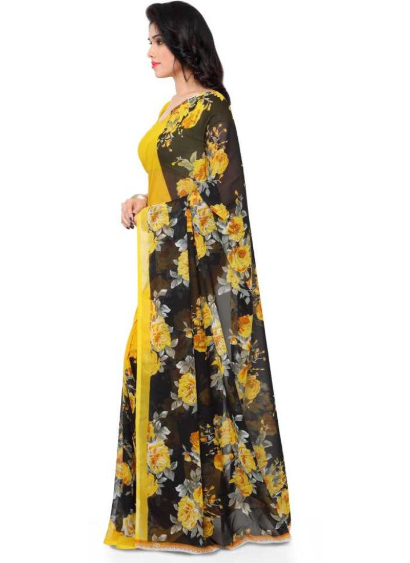 Yellow Rose Printed Faux Georgette Saree
