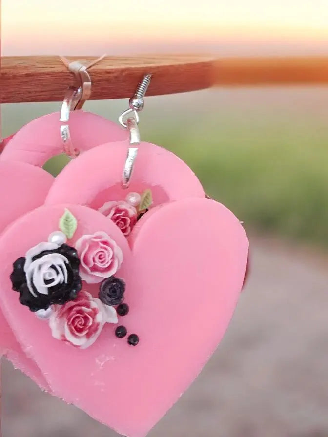 3d Printed Heart Shaped Floral Embellished Earrings, unique designs