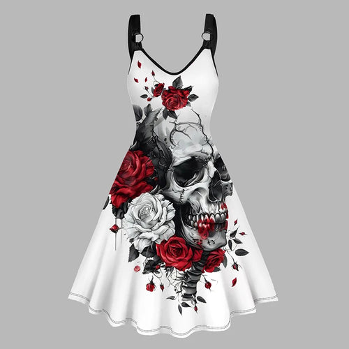 Dressfo Women's Summer Dresses Halloween Rose Injured Skull Print Hem