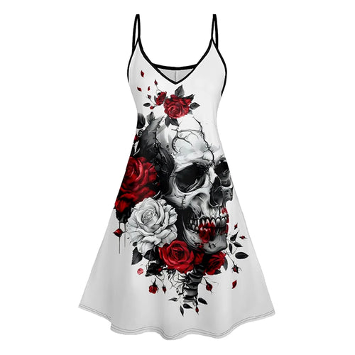 Dressfo Women's Summer Dresses Halloween Rose Injured Skull Print Hem