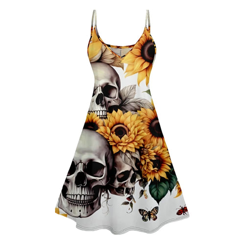 Dressfo Women's Summer Dresses Halloween Rose Injured Skull Print Hem