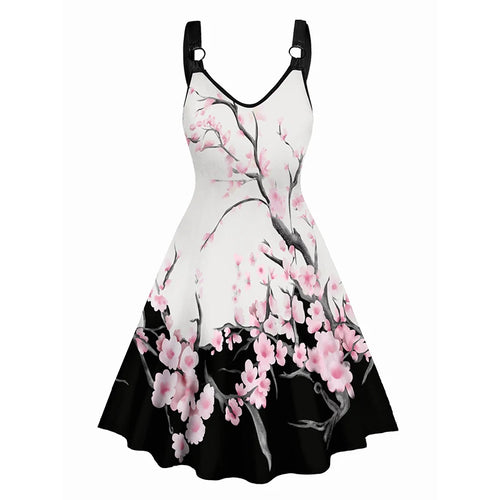Dressfo Women's Summer Dresses Halloween Rose Injured Skull Print Hem